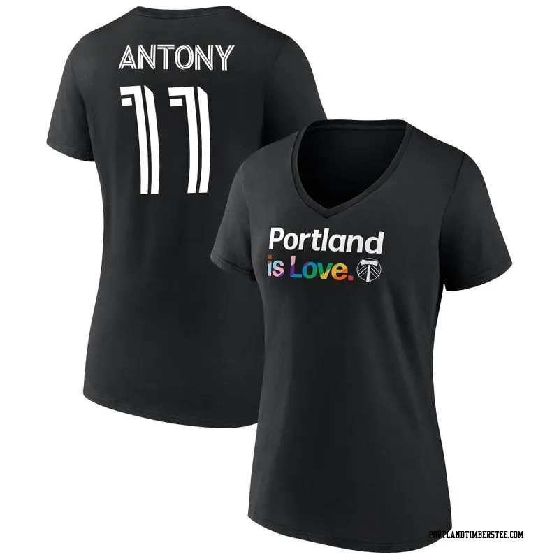 Women's Portland Timbers ＃11 Antony Black Name & Number City Pride V-Neck T-Shirt